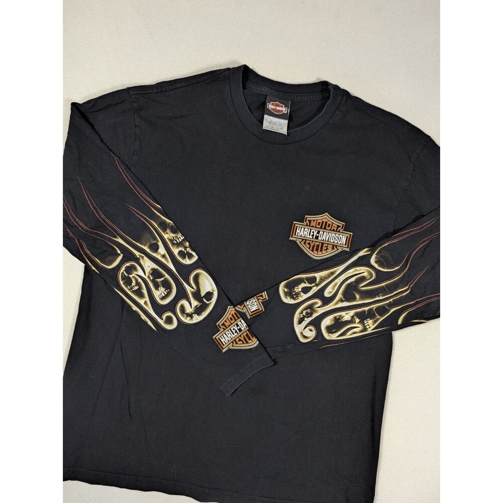 Harley Davidson Shirt Mens Large Black Long Sleeve Flames Skulls Sleeves Pueblo